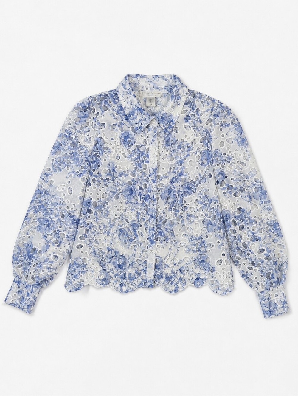 Caroline Constas Floral Eyelet Blouse Size S Blue White Scalloped Button Down